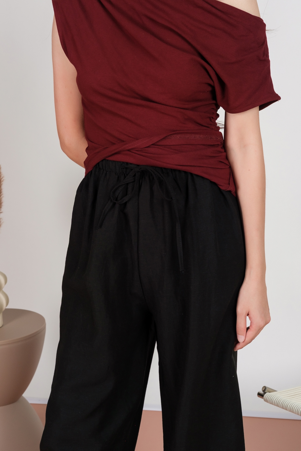 Linen Drawstring Pants - Black - Image 6