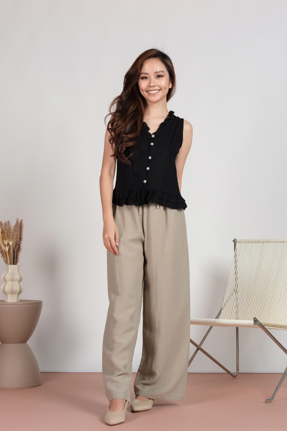 Linen Drawstring Pants - Olive Grey - Image 3