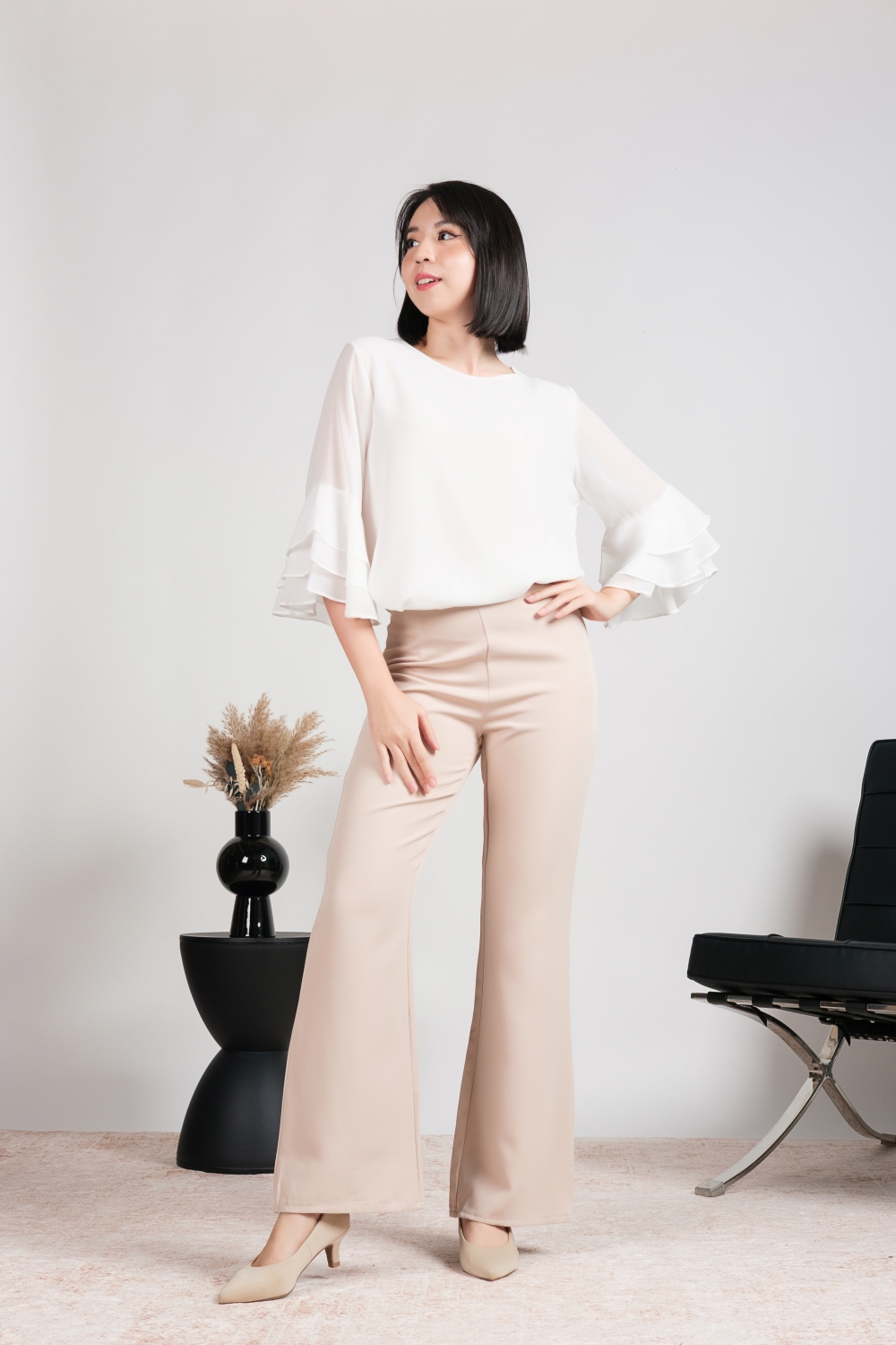 High Waist Flare Leg Tailored Pants - Beige - Image 3