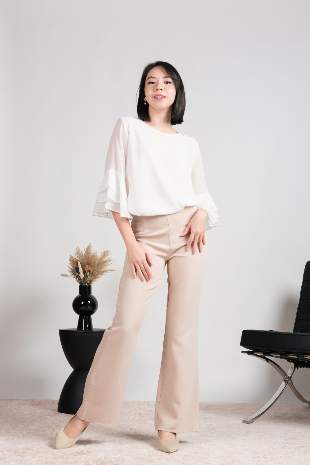 High Waist Flare Leg Tailored Pants - Beige - Image 4