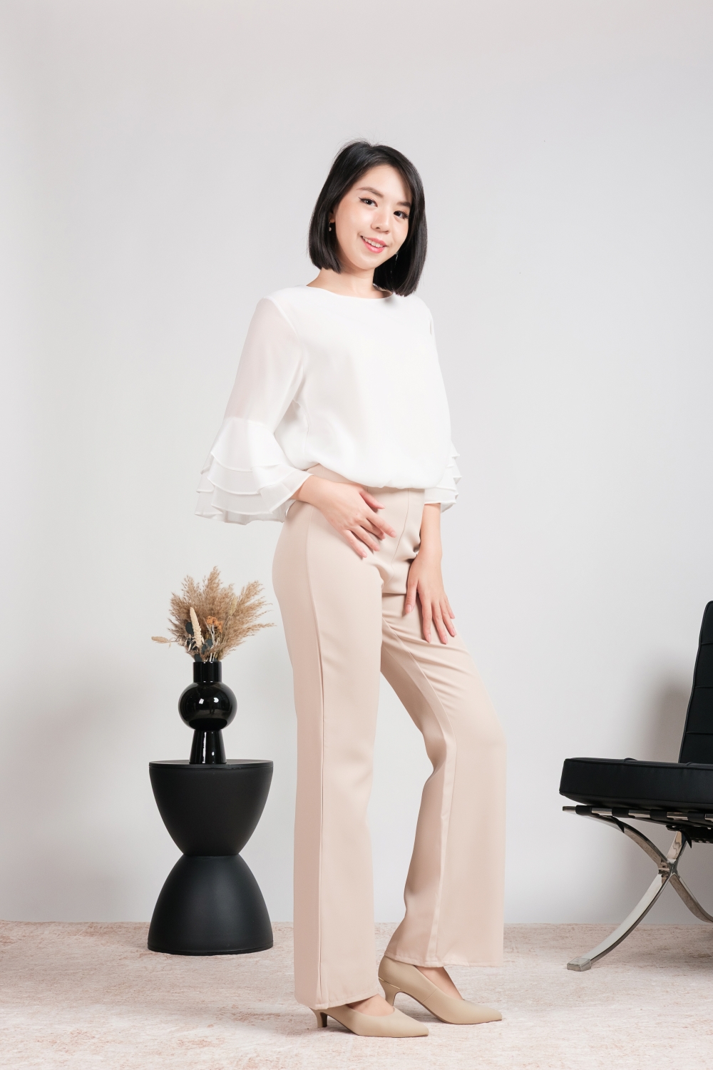 High Waist Flare Leg Tailored Pants - Beige - Image 5