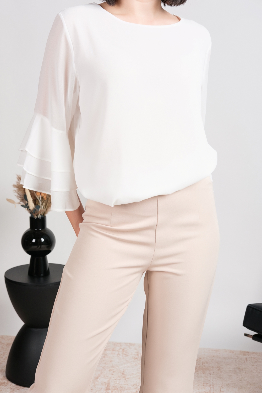 High Waist Flare Leg Tailored Pants - Beige - Image 6
