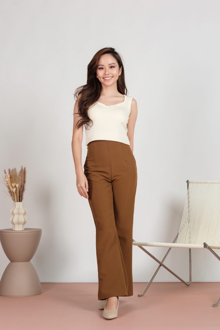 High Waist Flare Leg Tailored Pants - Brown