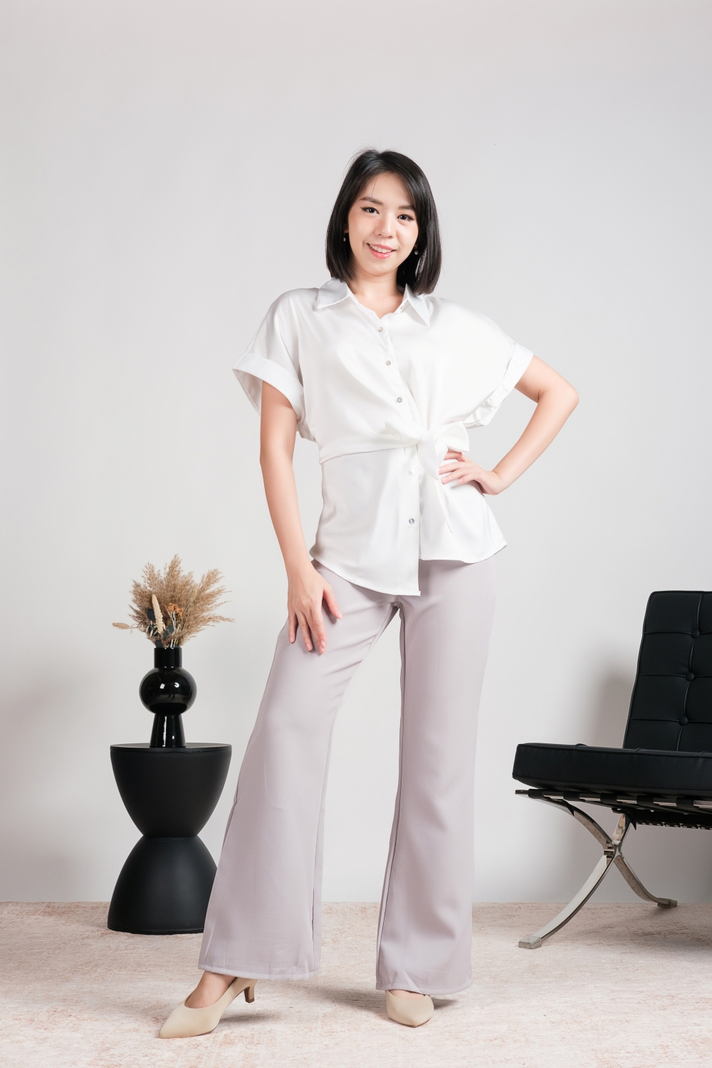 High Waist Flare Leg Tailored Pants - Grey