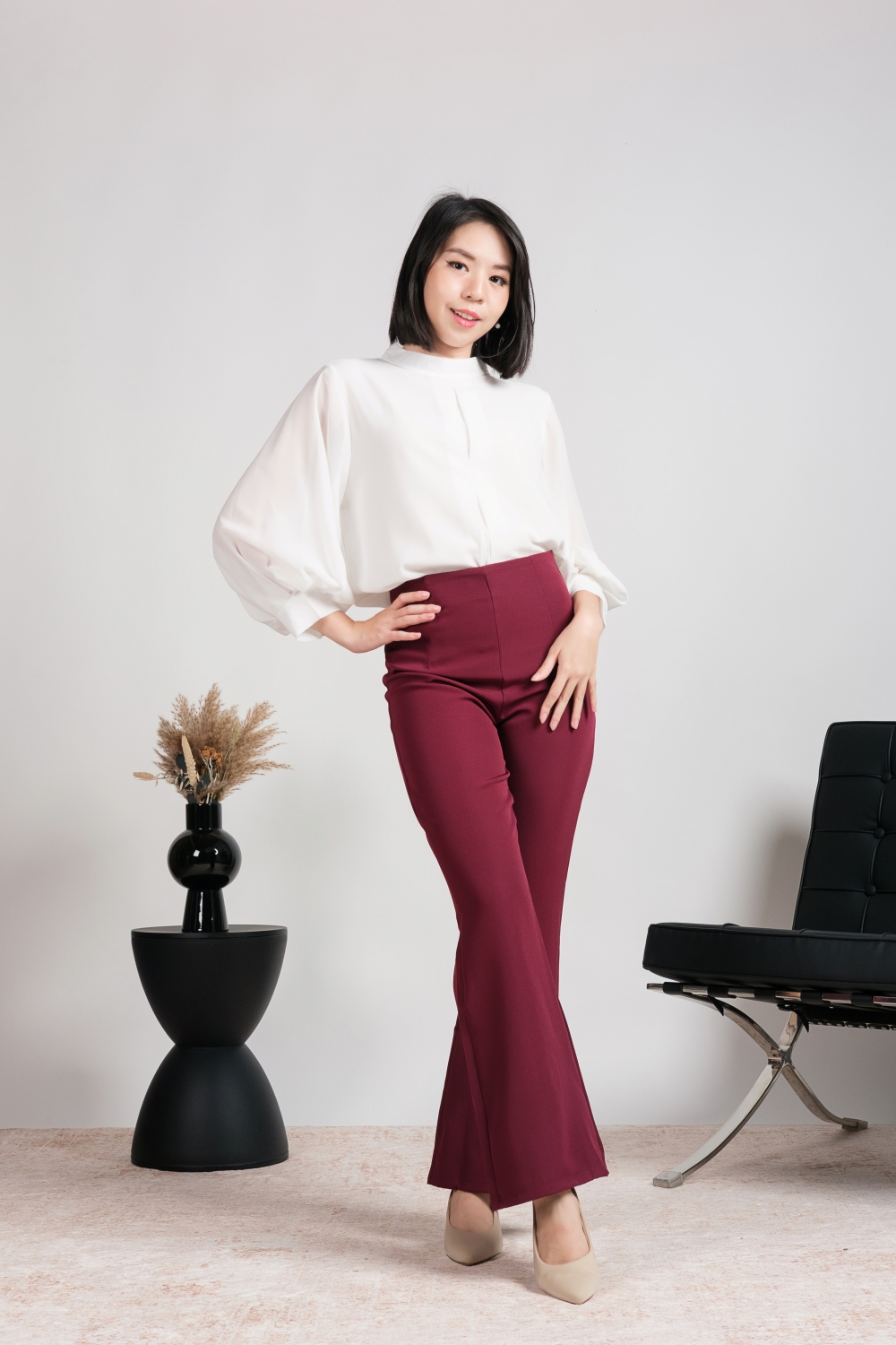 High Waist Flare Leg Tailored Pants - Maroon