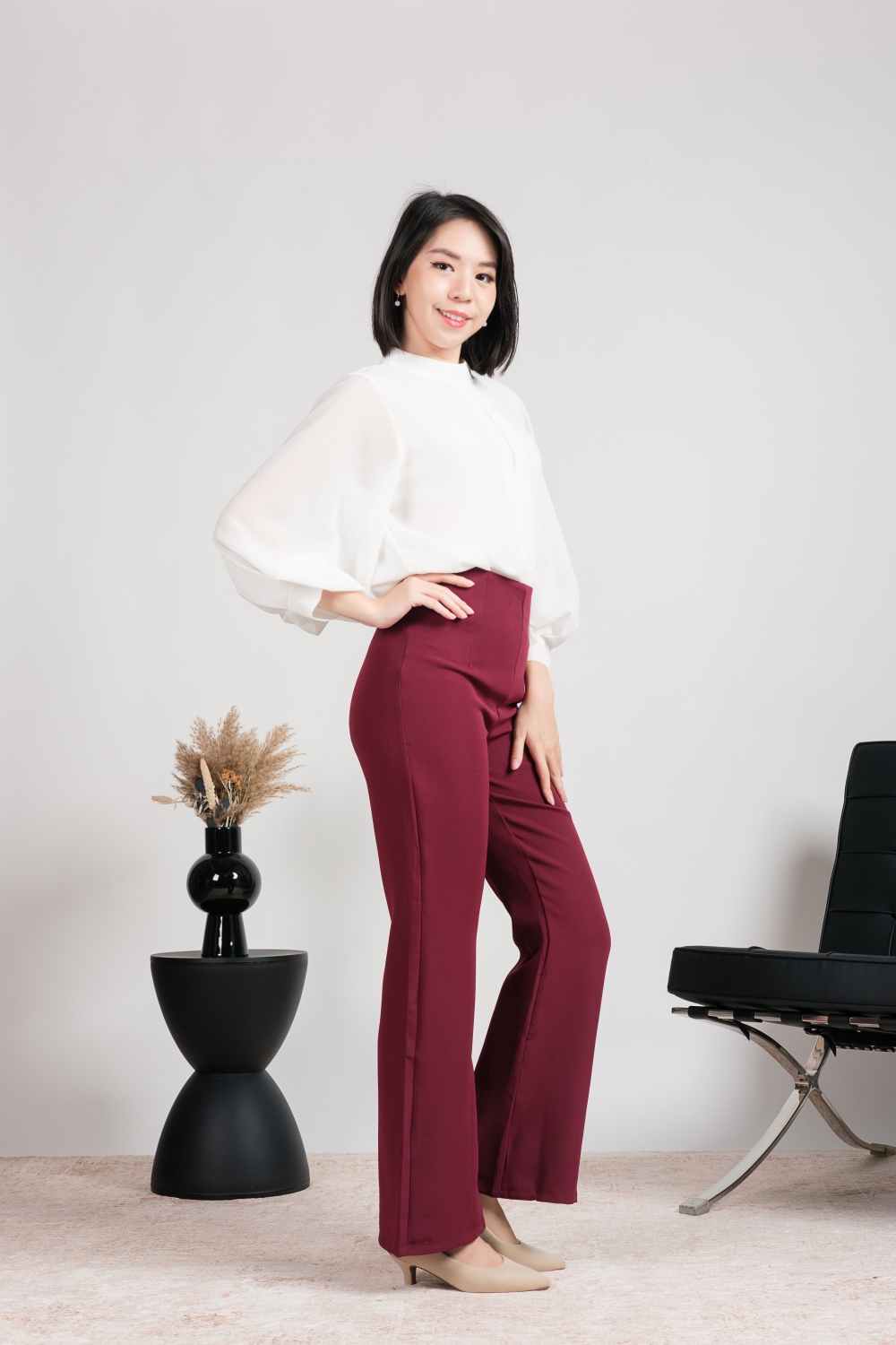 High Waist Flare Leg Tailored Pants - Maroon - Image 5