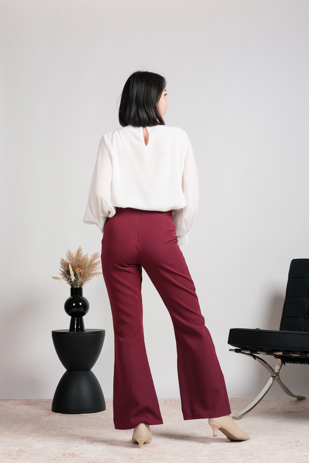 High Waist Flare Leg Tailored Pants - Maroon - Image 2