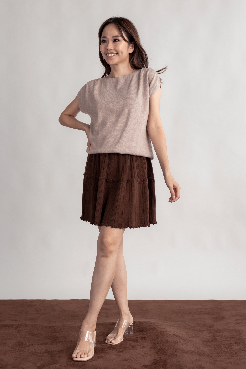 Ruffle Hem Knit Mini Skirt - Brown - Image 5