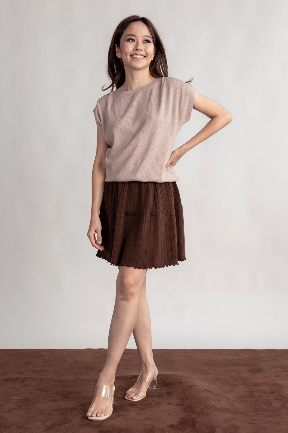 Ruffle Hem Knit Mini Skirt - Brown
