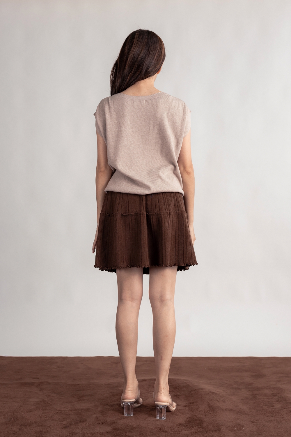 Ruffle Hem Knit Mini Skirt - Brown - Image 4