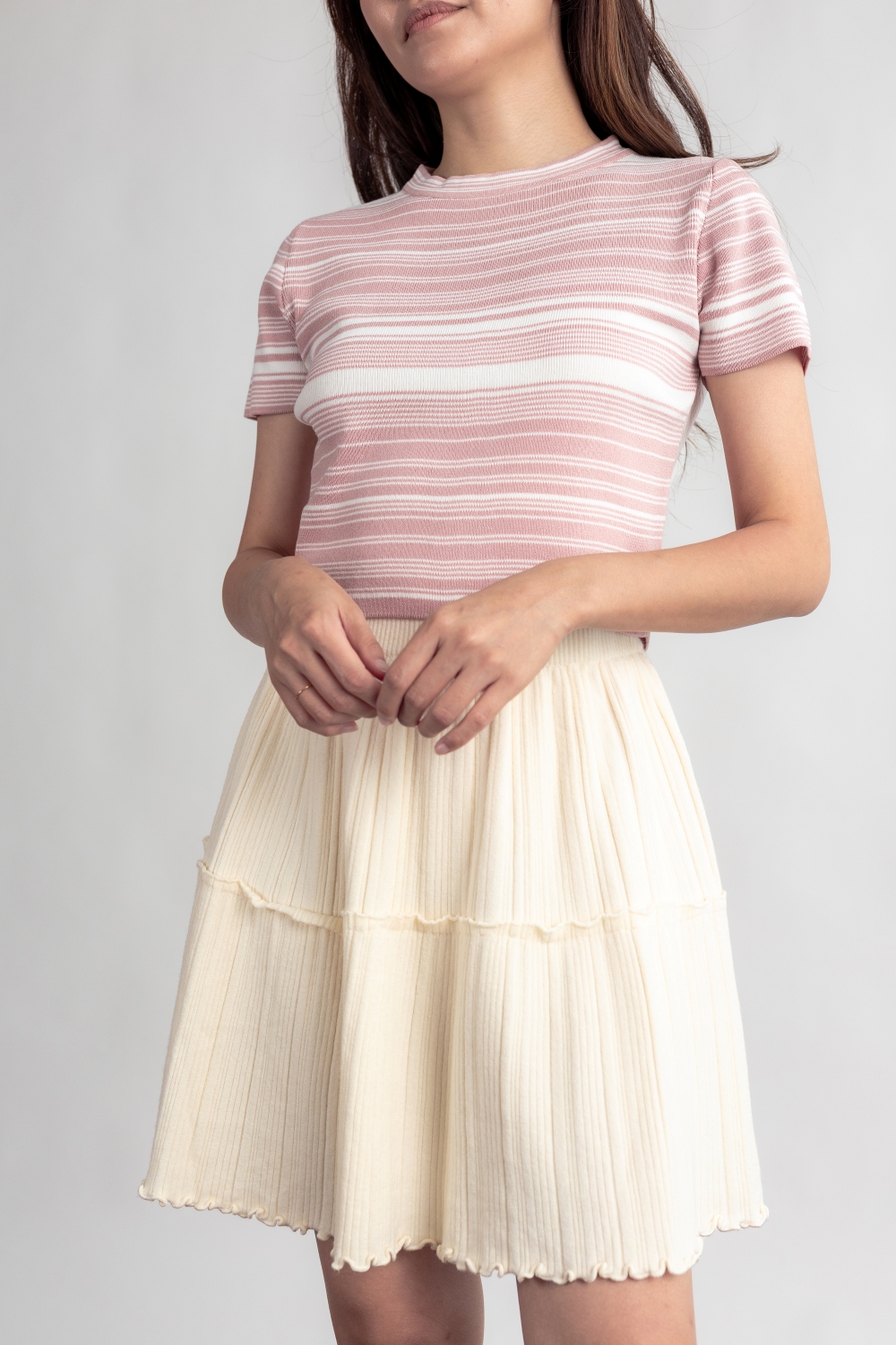 Ruffle Hem Knit Mini Skirt - Cream