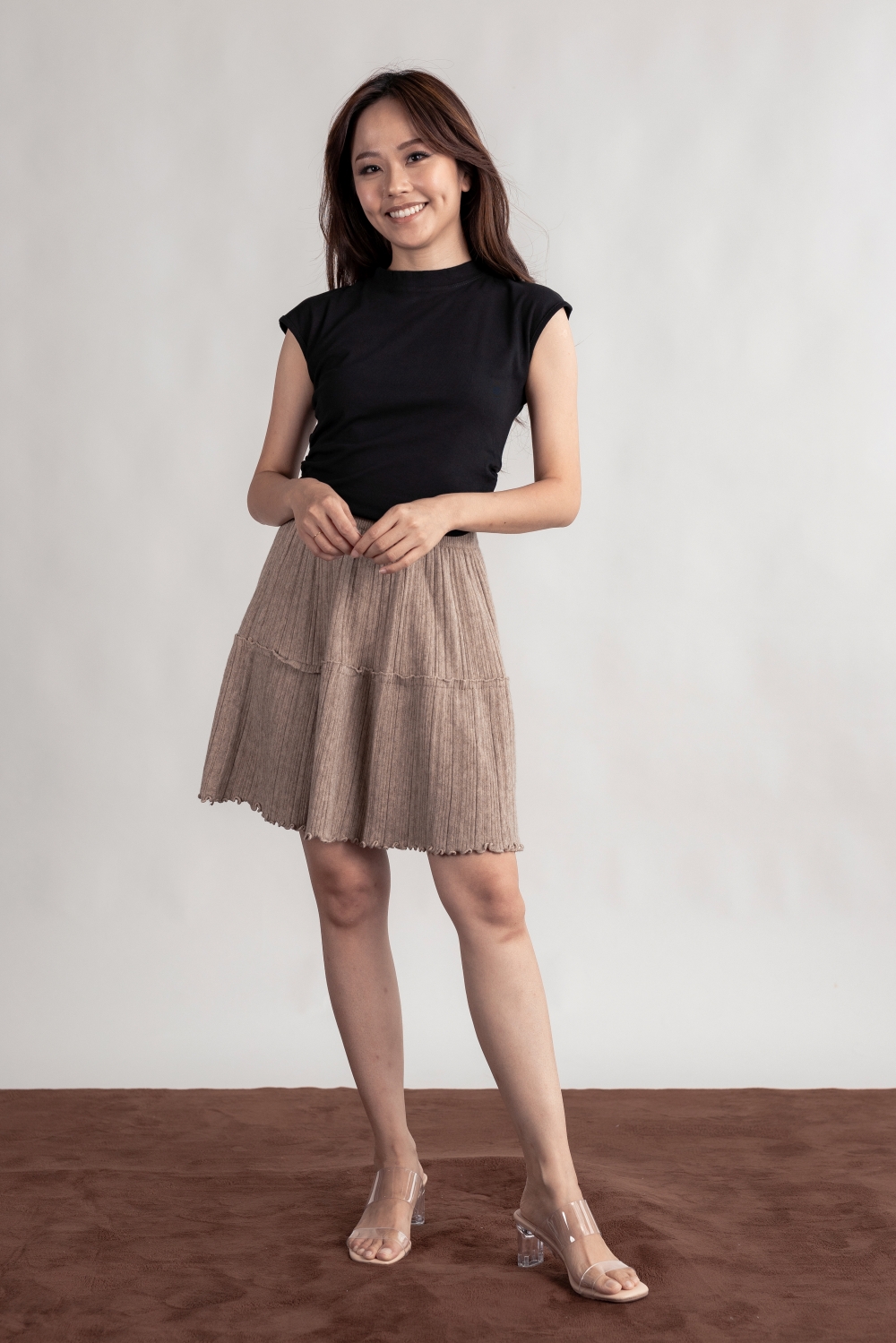 Ruffle Hem Knit Mini Skirt - Khaki