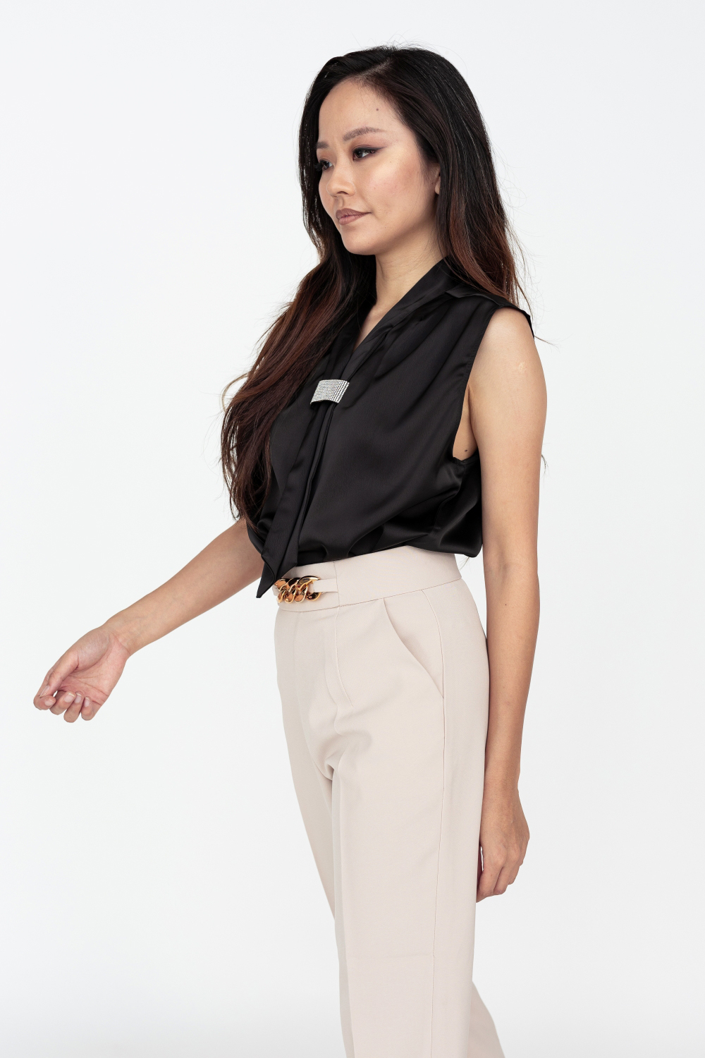 Sleeveless Diamante Tie Neck Satin Blouse - Black - Image 5