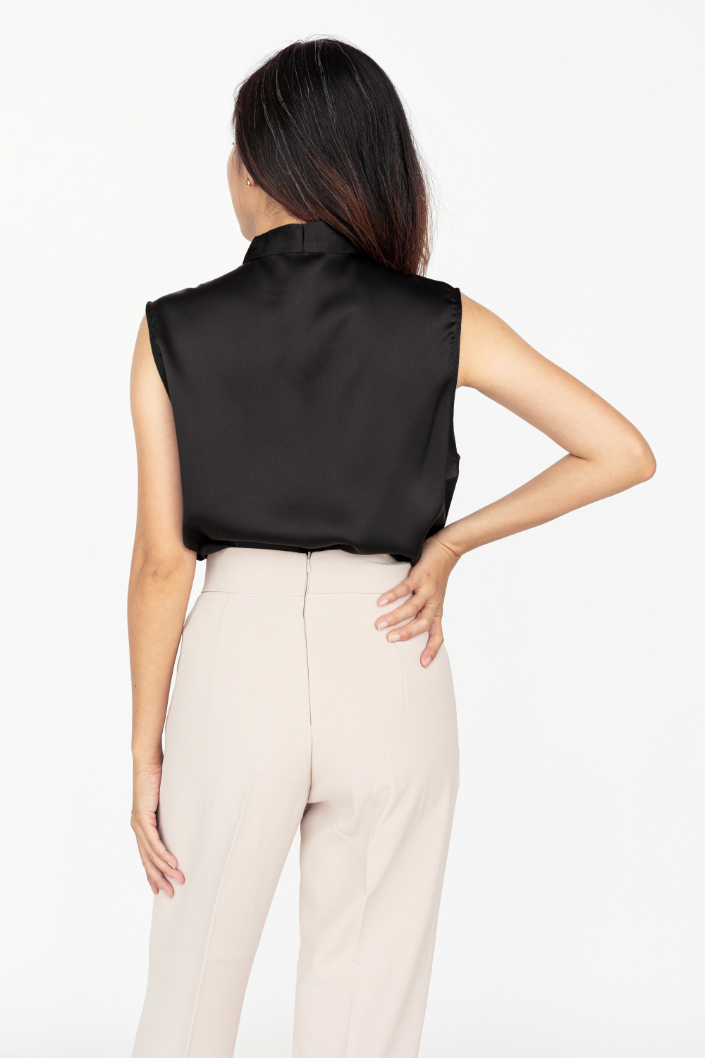 Sleeveless Diamante Tie Neck Satin Blouse - Black - Image 2