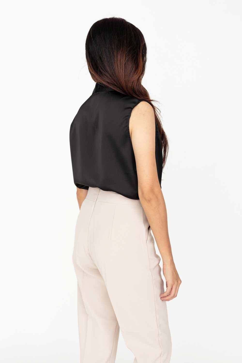 Sleeveless Diamante Tie Neck Satin Blouse - Black - Image 6
