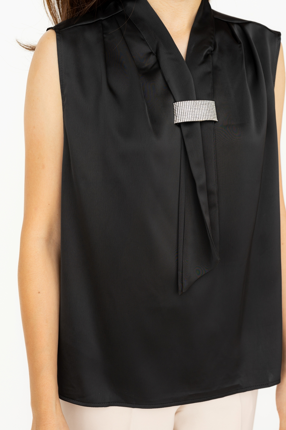 Sleeveless Diamante Tie Neck Satin Blouse - Black - Image 8