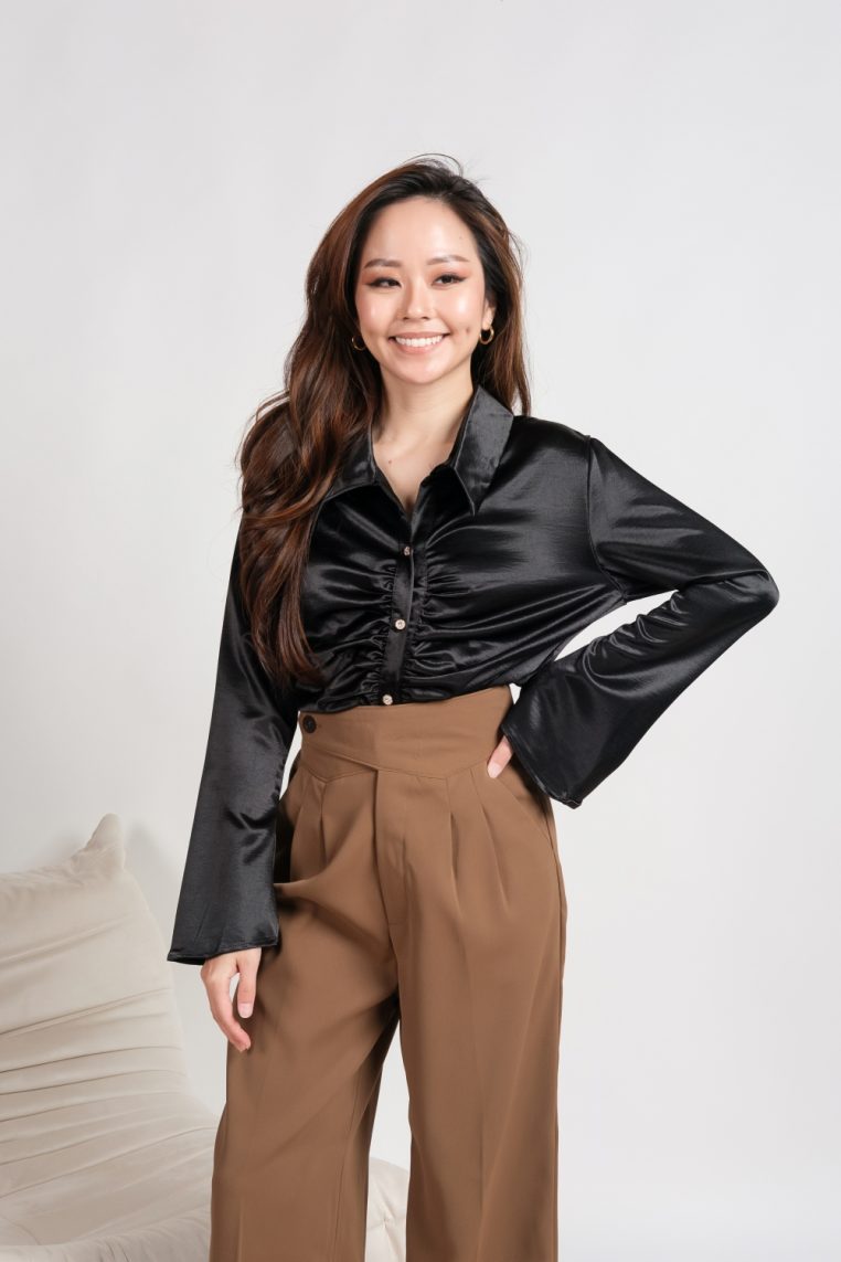 Long Sleeve Ruched Front Satin Shirt - Black - Image 3
