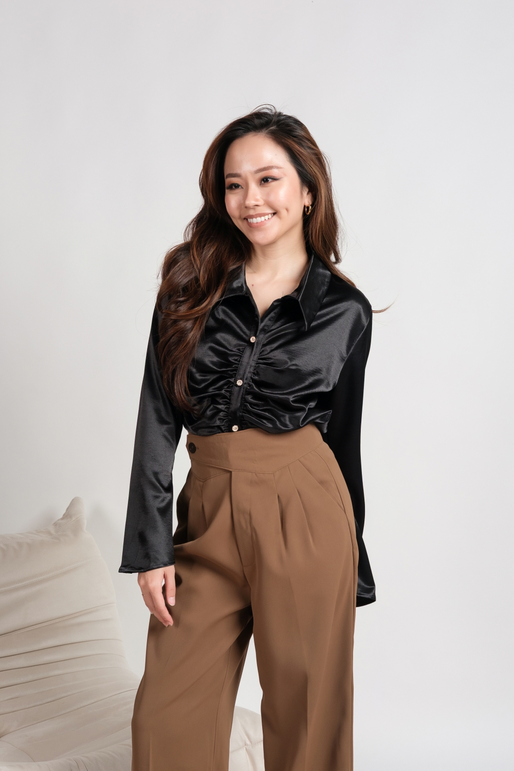 Long Sleeve Ruched Front Satin Shirt - Black