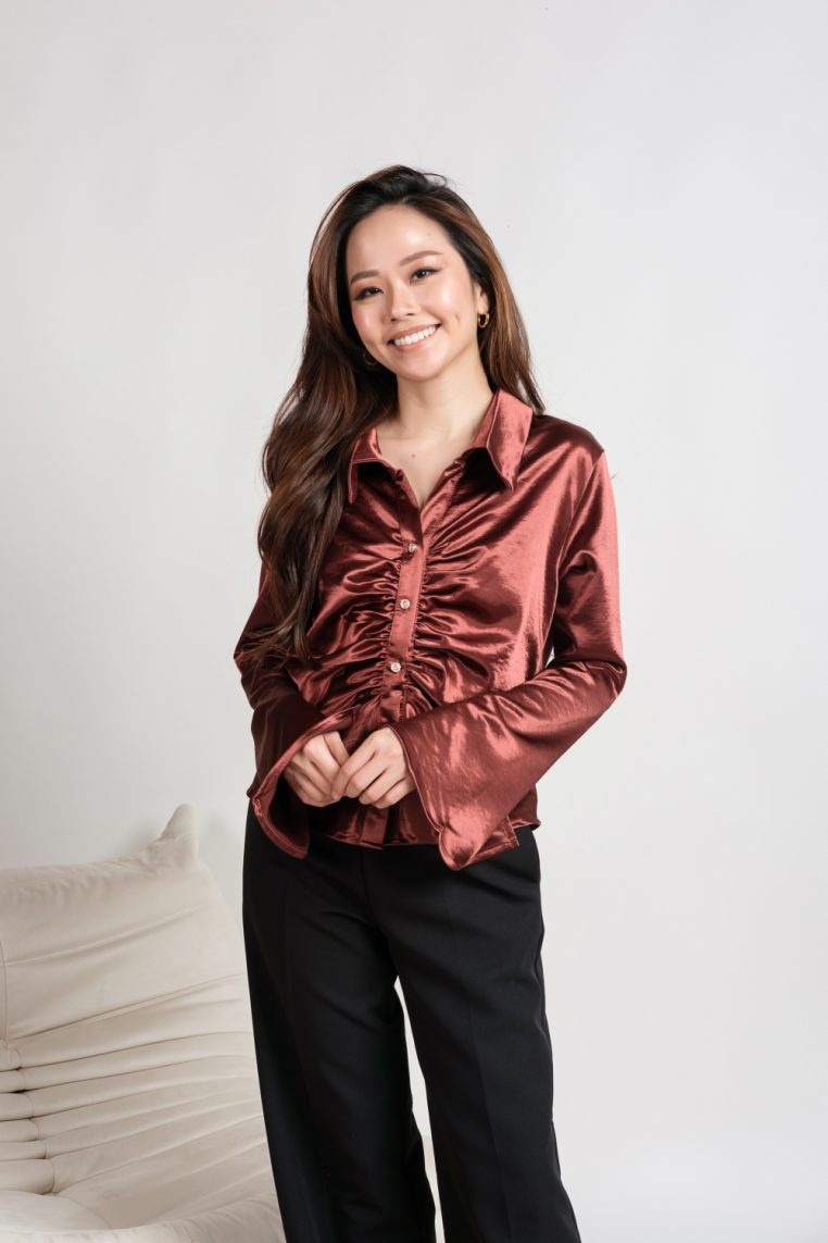 Long Sleeve Ruched Front Satin Shirt - Brick Bronze - Image 7