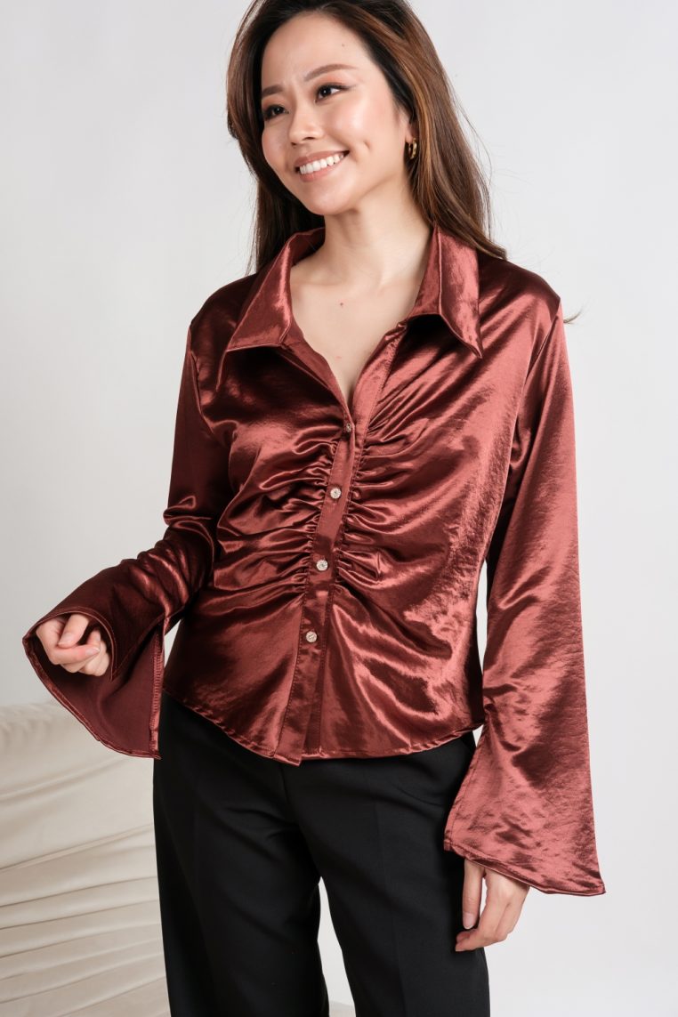 Long Sleeve Ruched Front Satin Shirt - Brick Bronze - Image 8