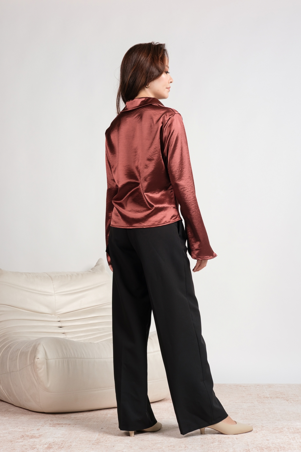Long Sleeve Ruched Front Satin Shirt - Brick Bronze - Image 9