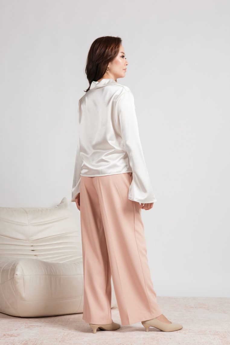 Long Sleeve Ruched Front Satin Shirt - Champagne - Image 10