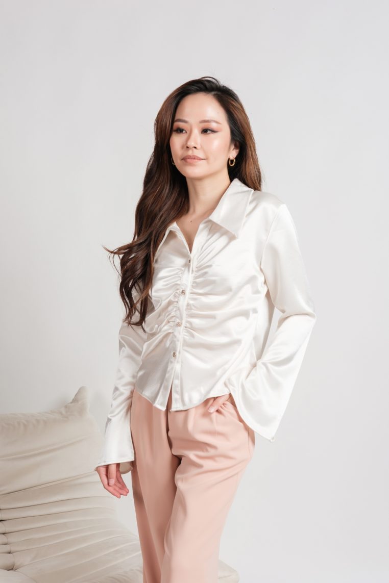 Long Sleeve Ruched Front Satin Shirt - Champagne