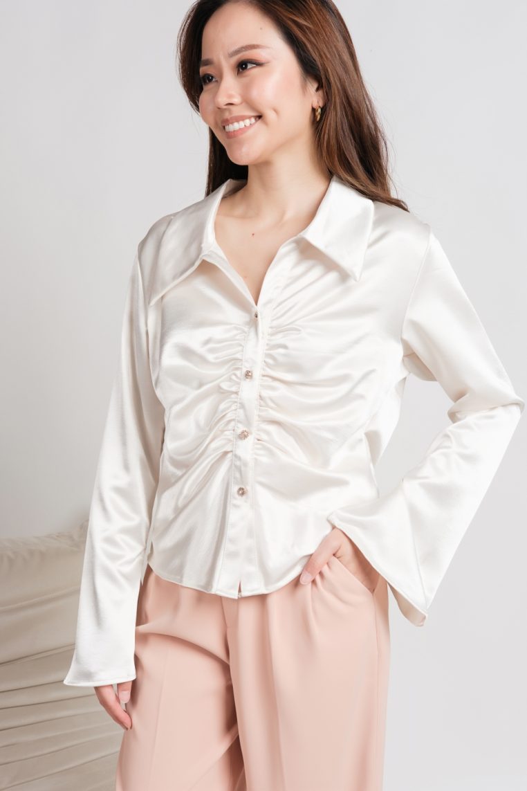 Long Sleeve Ruched Front Satin Shirt - Champagne - Image 8