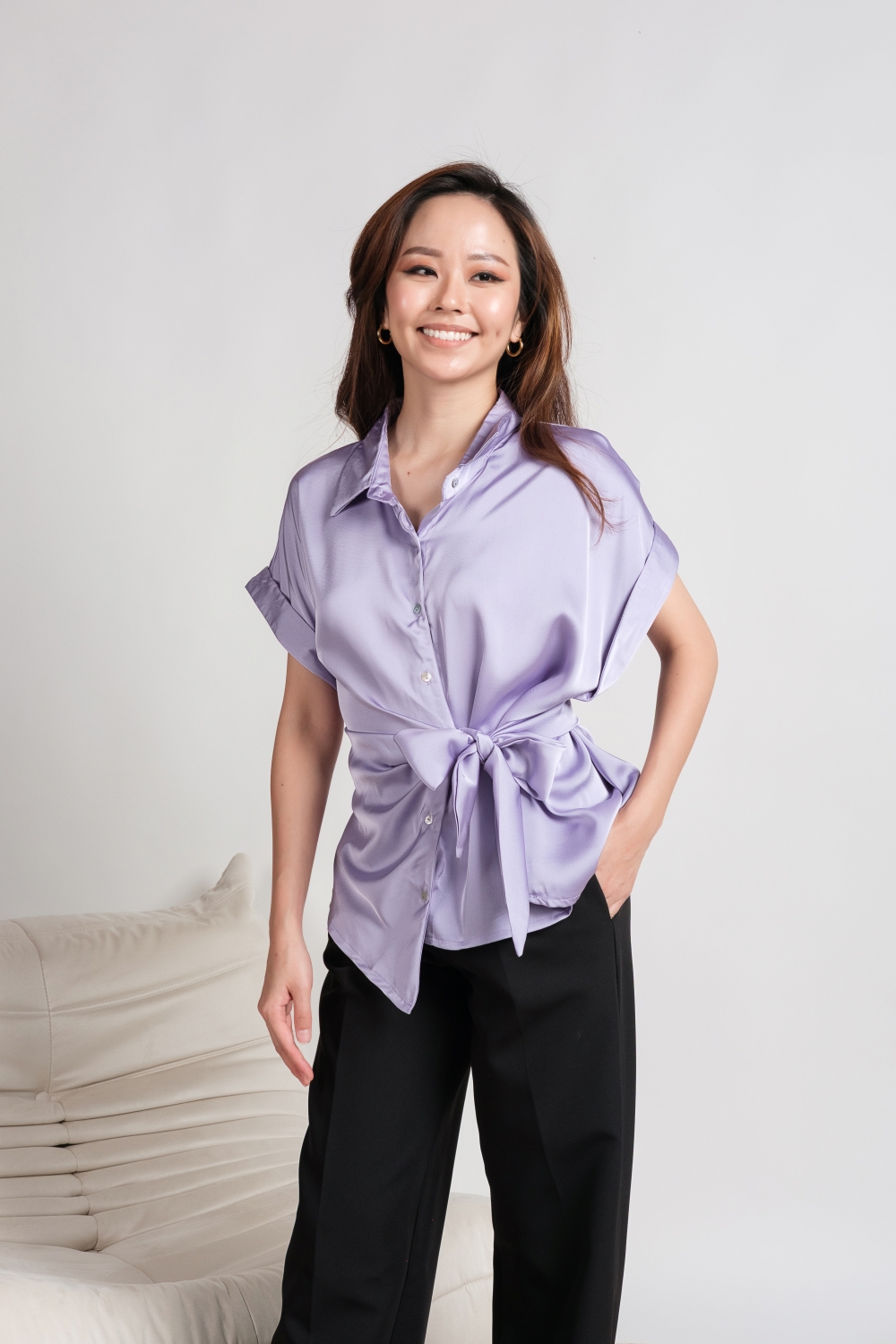 Satin Short Sleeve Waist Tie Button Down Blouse - Lilac