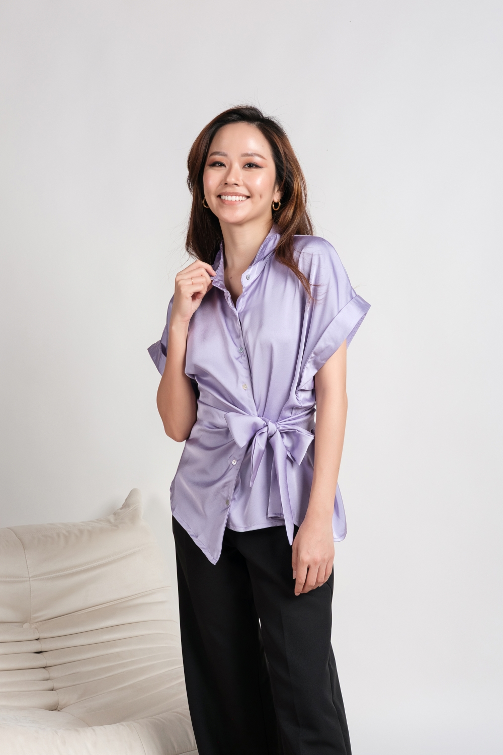 Satin Short Sleeve Waist Tie Button Down Blouse - Lilac - Image 8
