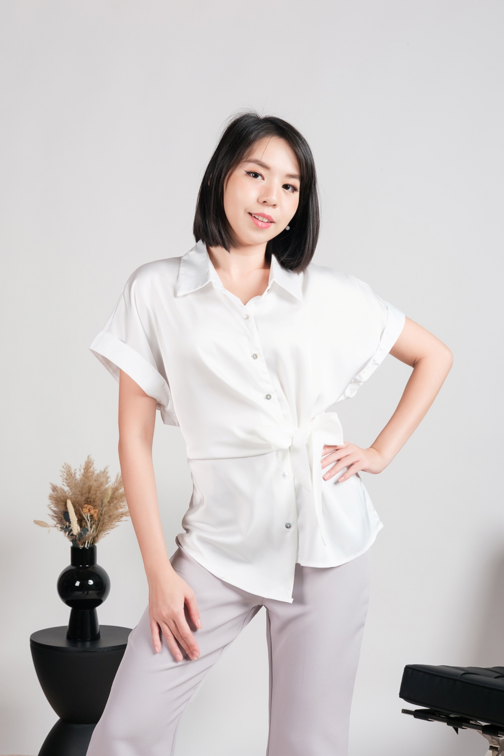 Satin Short Sleeve Waist Tie Button Down Blouse - White - Image 4
