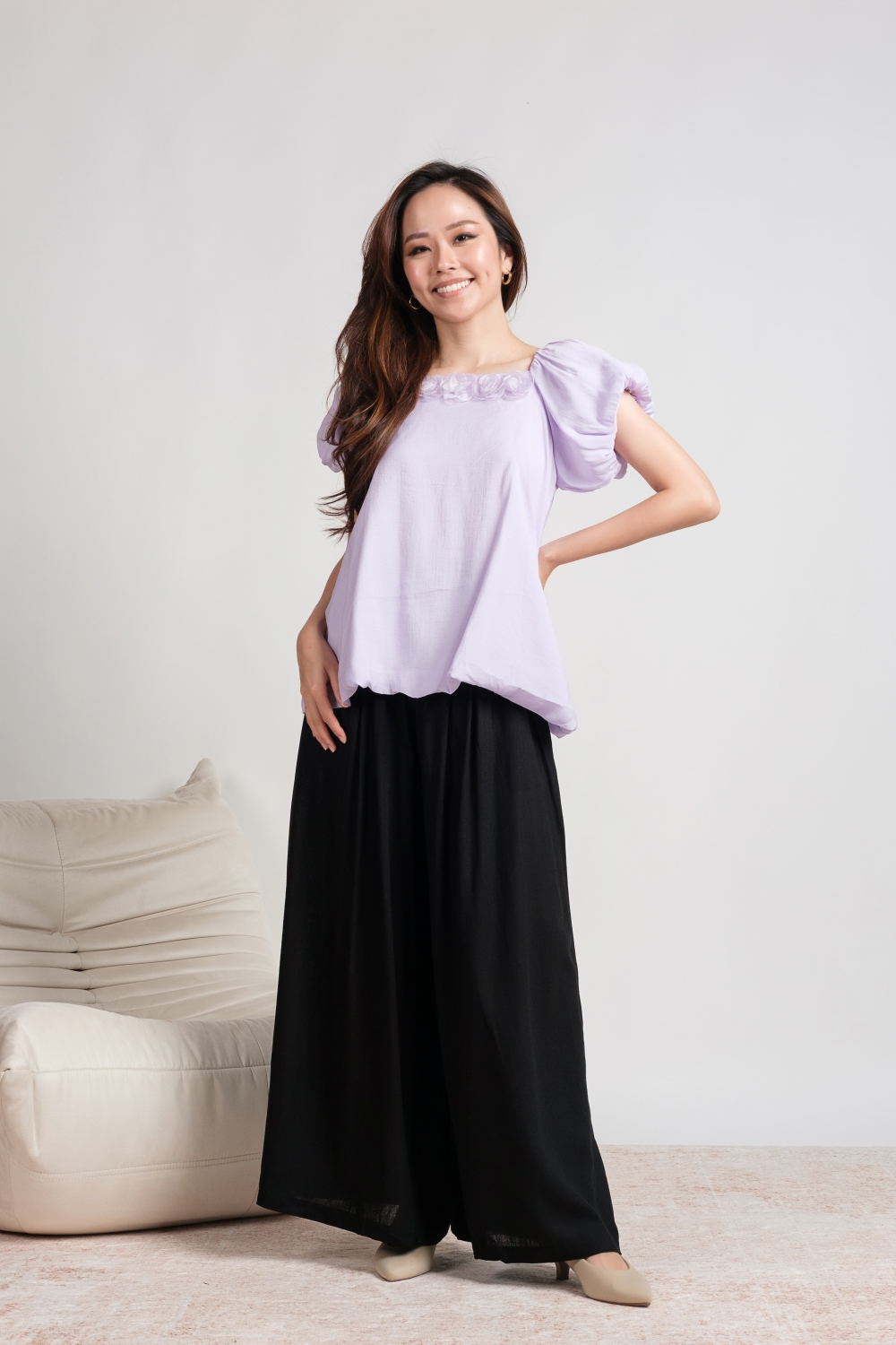Rose Embellished Puff Sleeve Top - Lilac - Image 2