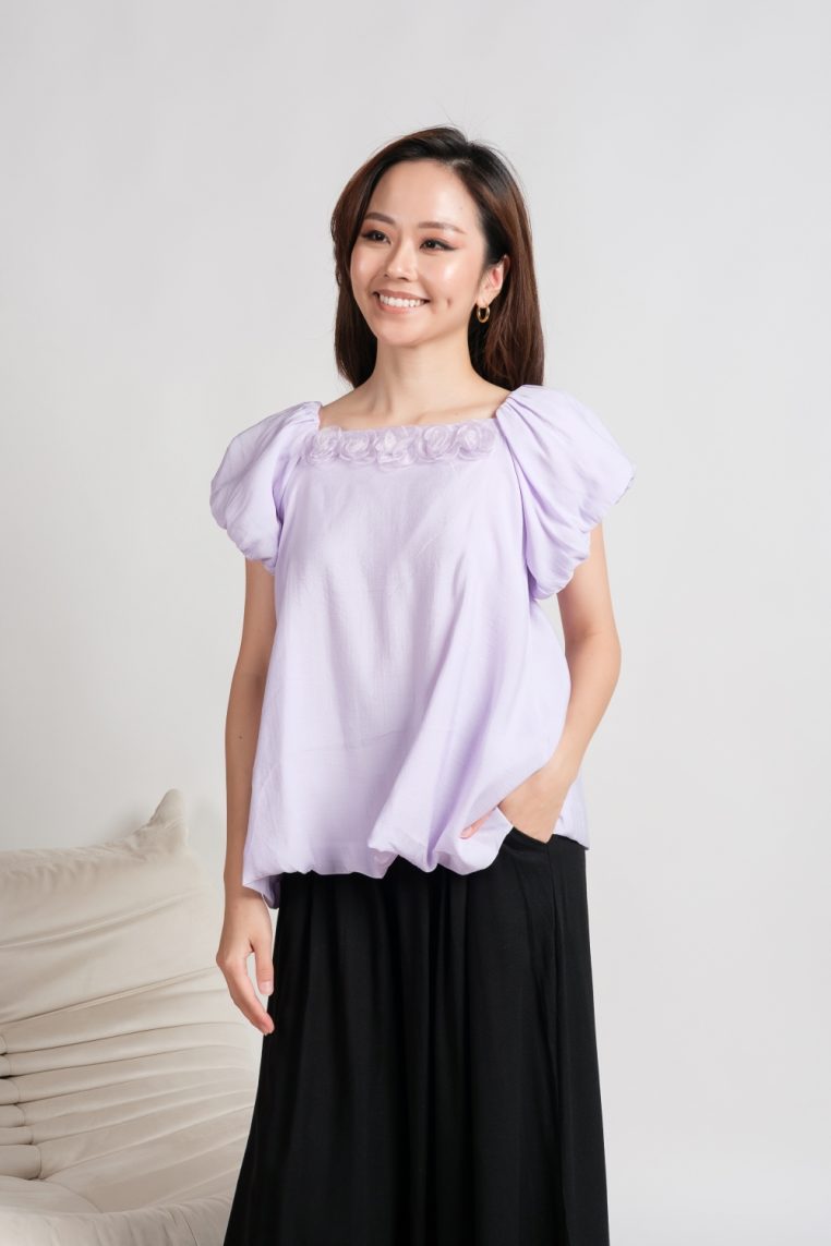 Rose Embellished Puff Sleeve Top - Lilac