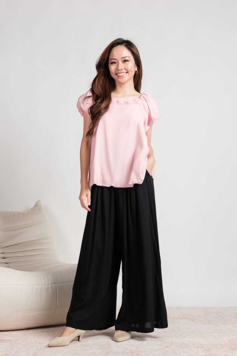 Rose Embellished Puff Sleeve Top - Pink - Image 2