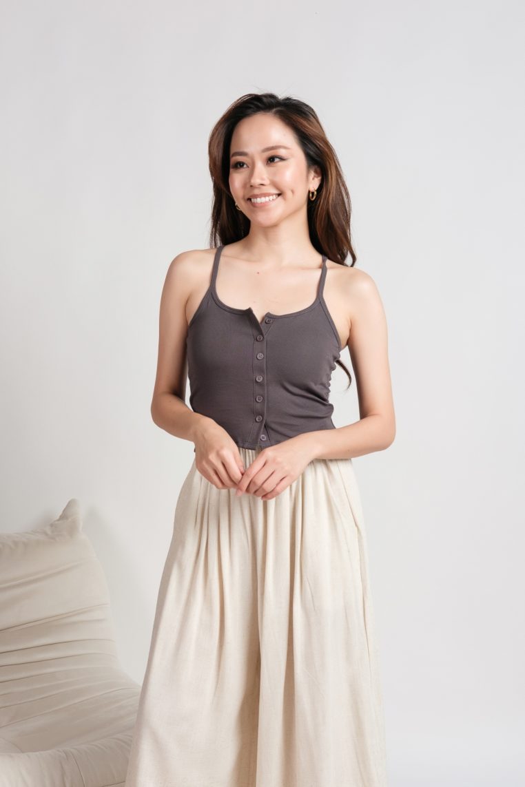 Button Front Padded Camisole - Stone Grey