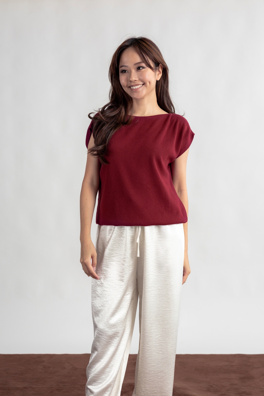 Relaxed Fit Batwing Knit Top - Maroon - Image 2