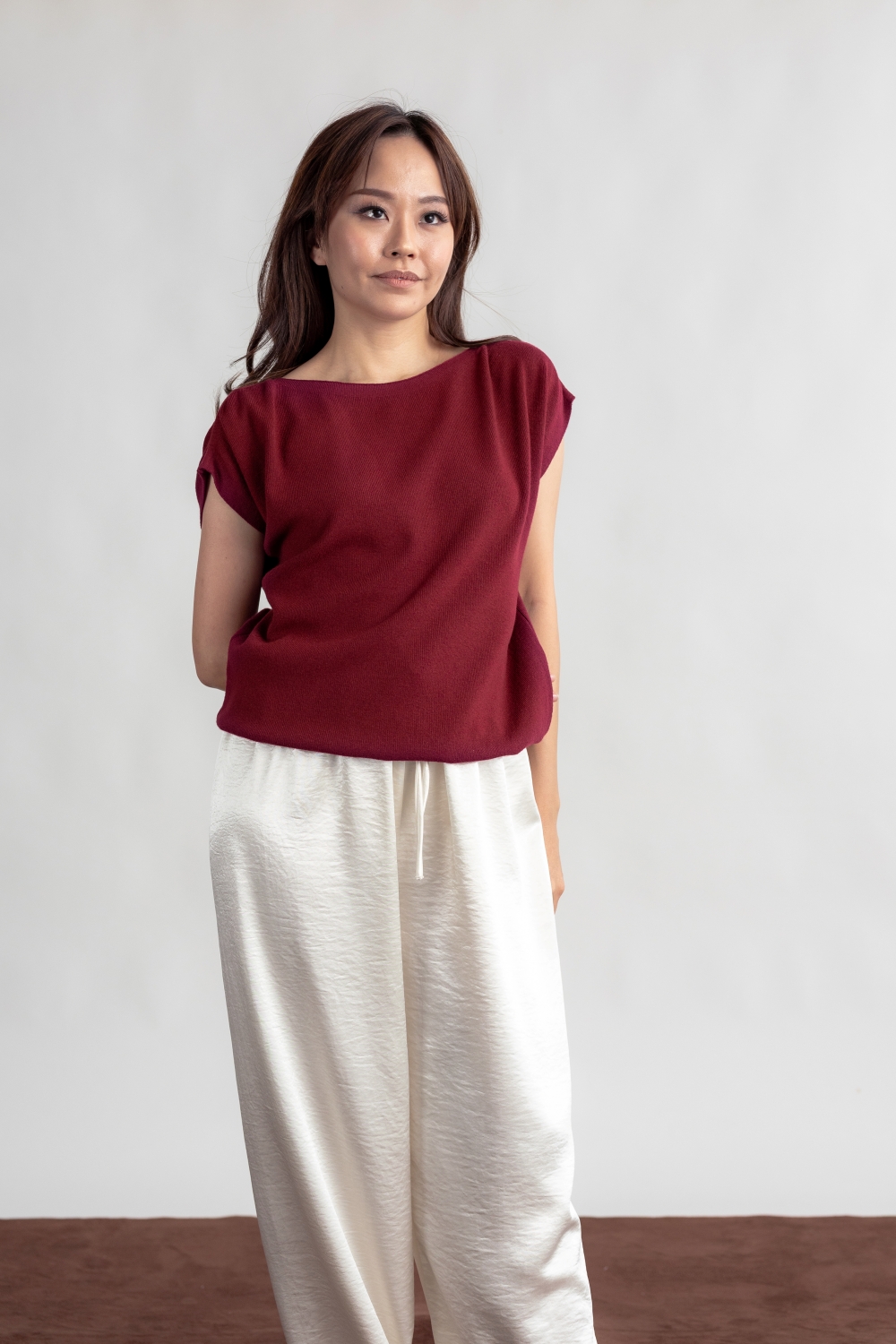 Relaxed Fit Batwing Knit Top - Maroon - Image 6