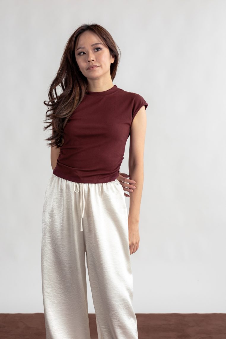 Ruched Cap Sleeve Tee - Burgundy