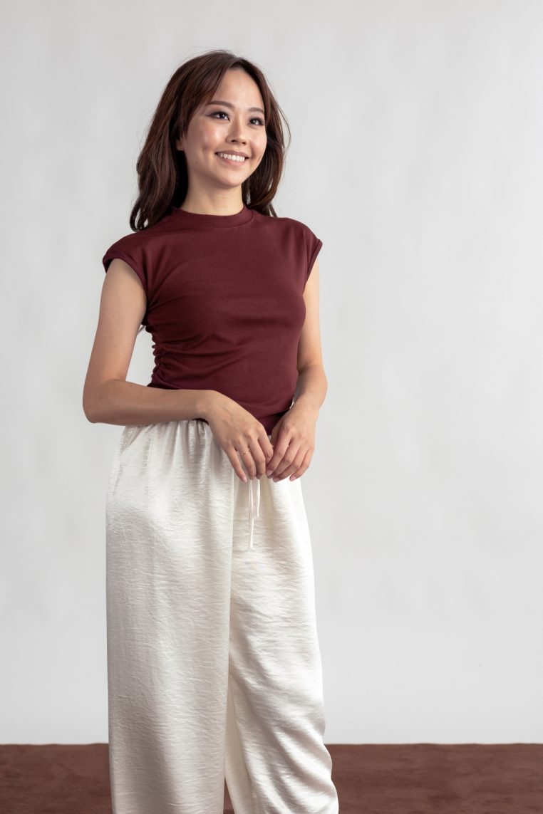 Ruched Cap Sleeve Tee - Burgundy - Image 6