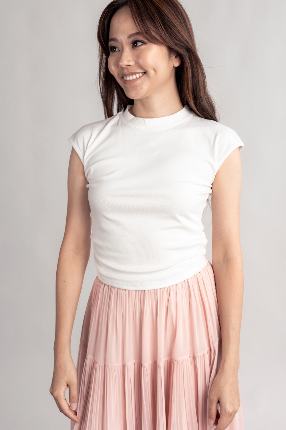 Ruched Cap Sleeve Tee - White