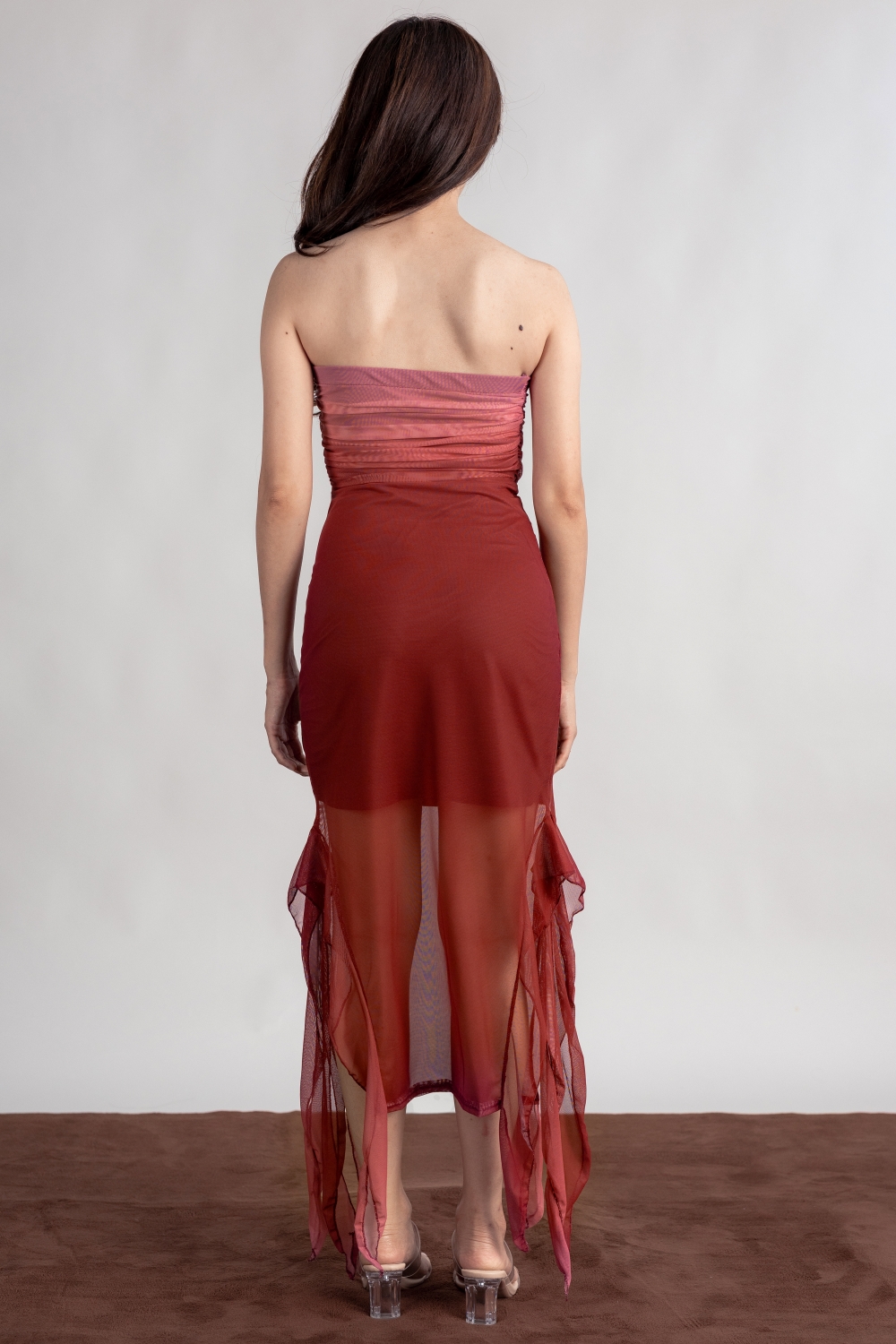 Ruched Ombre Tube Dress - Maroon - Image 3