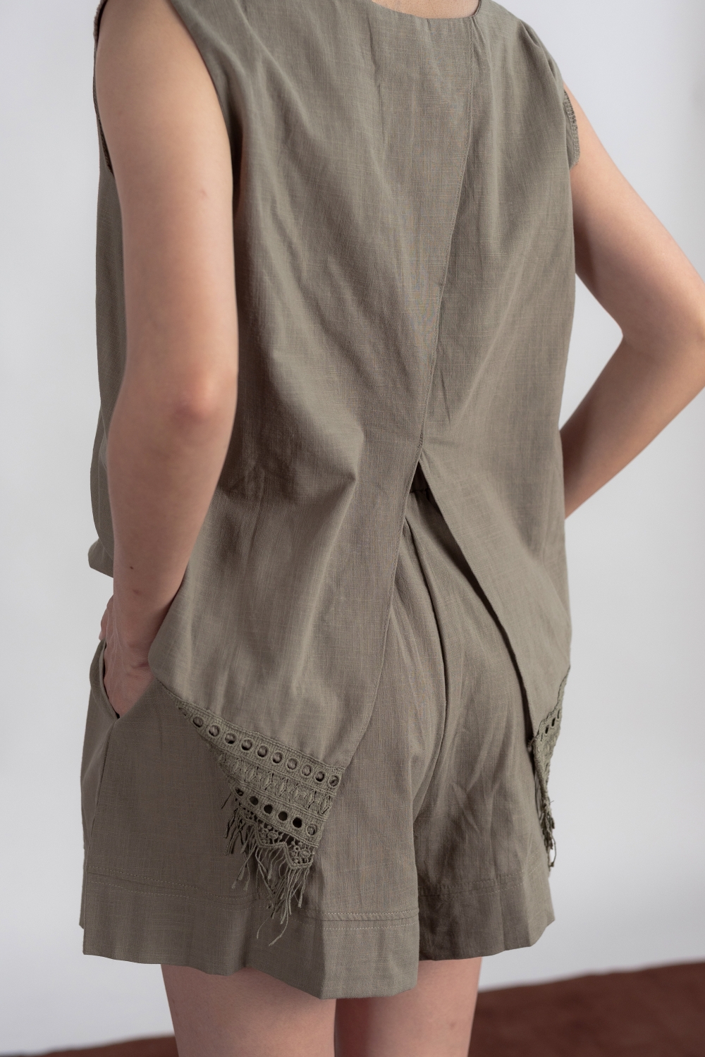 Crochet Trim Cotton Blouse and Shorts Co-ord Set - Army Green - Image 2