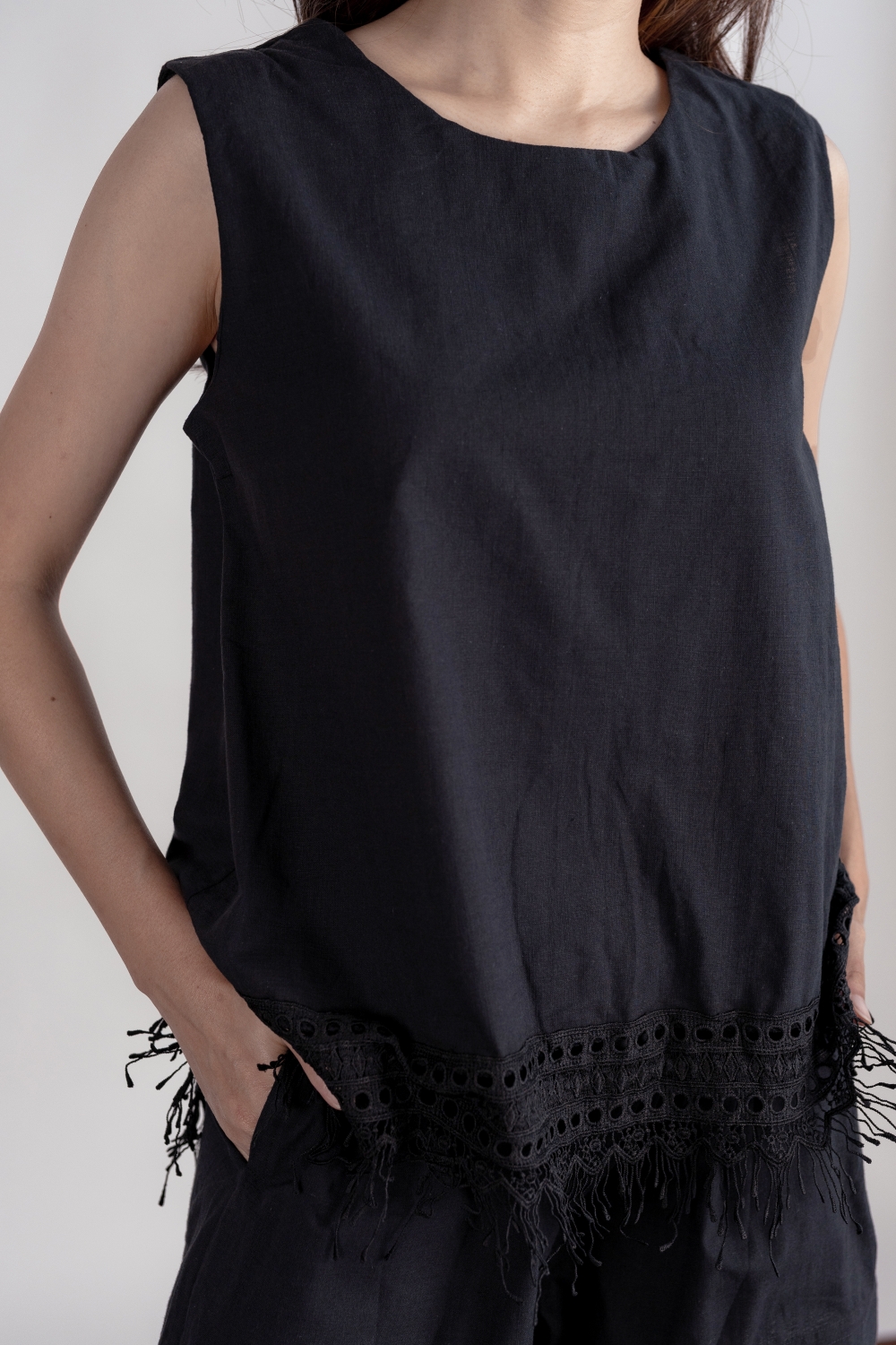 Crochet Trim Cotton Blouse and Shorts Co-ord Set - Black - Image 10