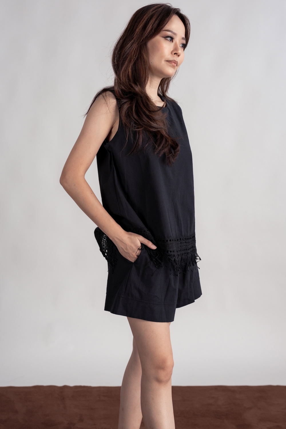 Crochet Trim Cotton Blouse and Shorts Co-ord Set - Black - Image 7