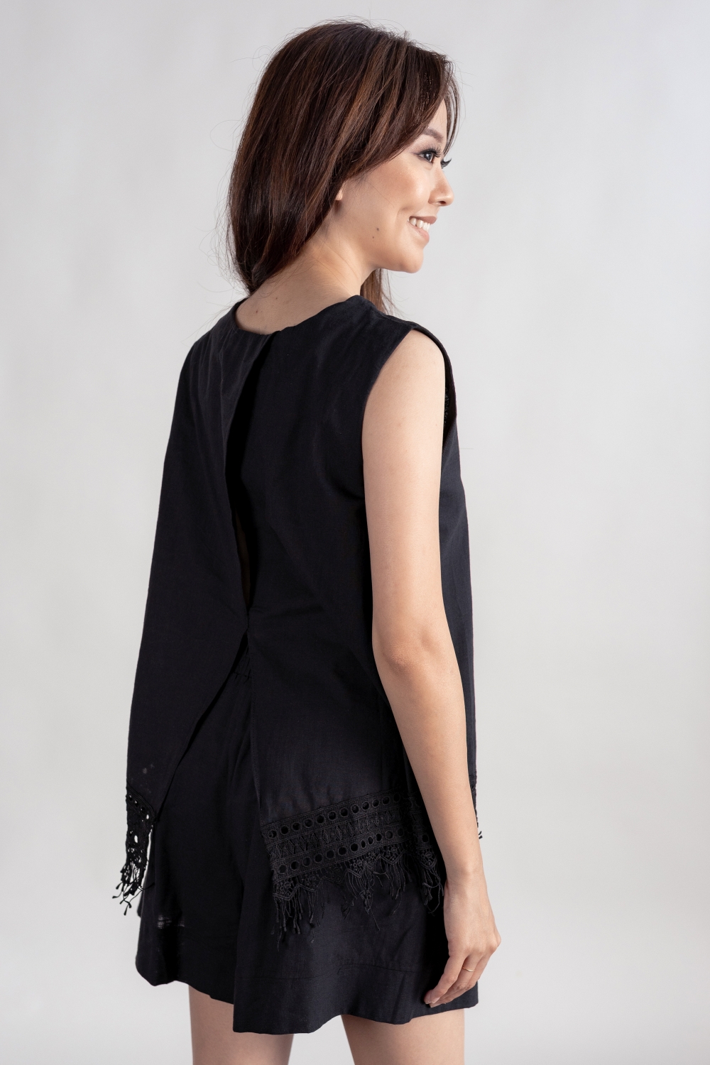 Crochet Trim Cotton Blouse and Shorts Co-ord Set - Black - Image 8