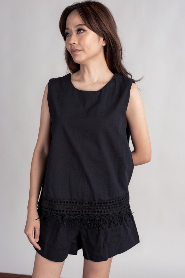 Crochet Trim Cotton Blouse and Shorts Co-ord Set - Black - Image 9