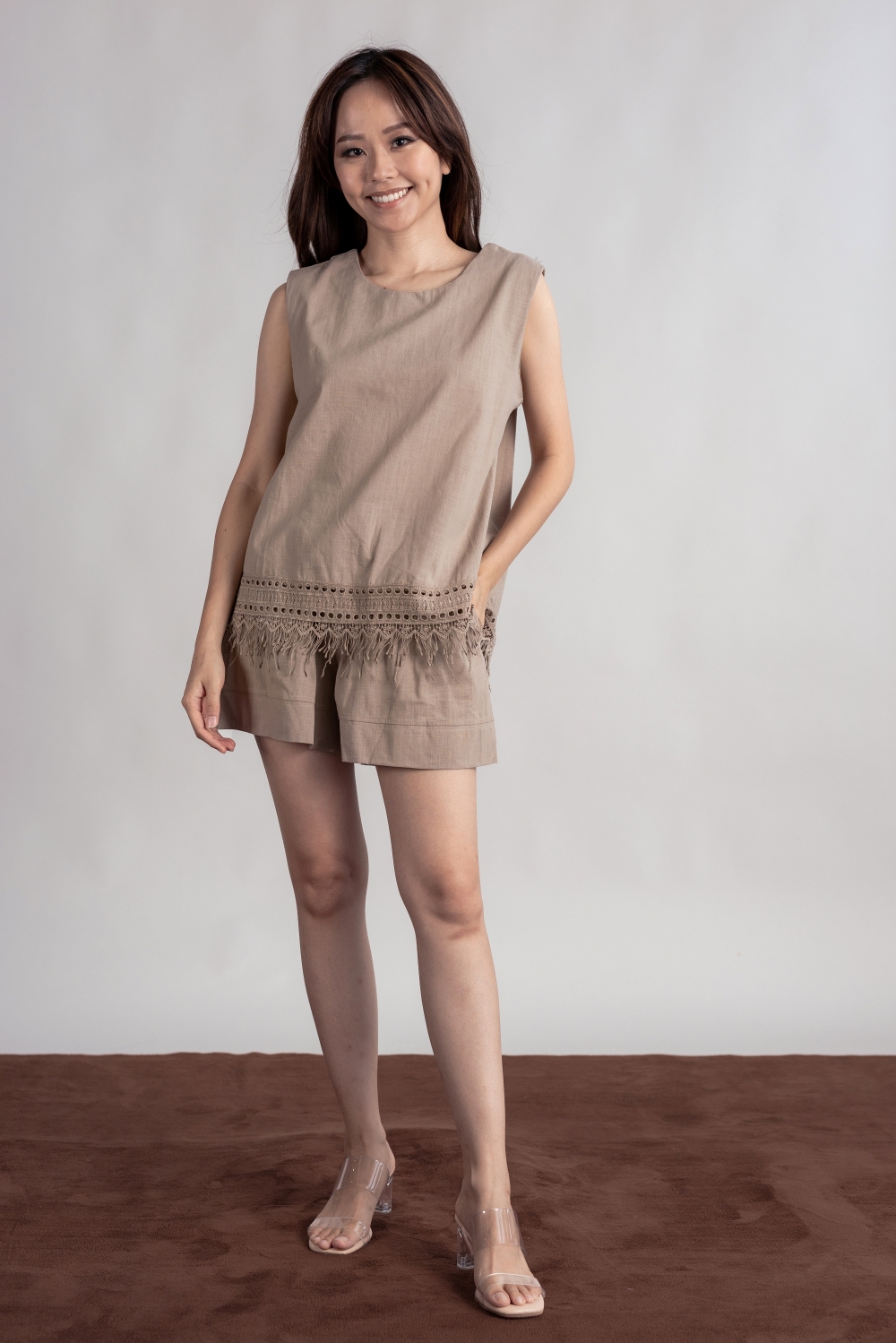 Crochet Trim Cotton Blouse and Shorts Co-ord Set - Khaki