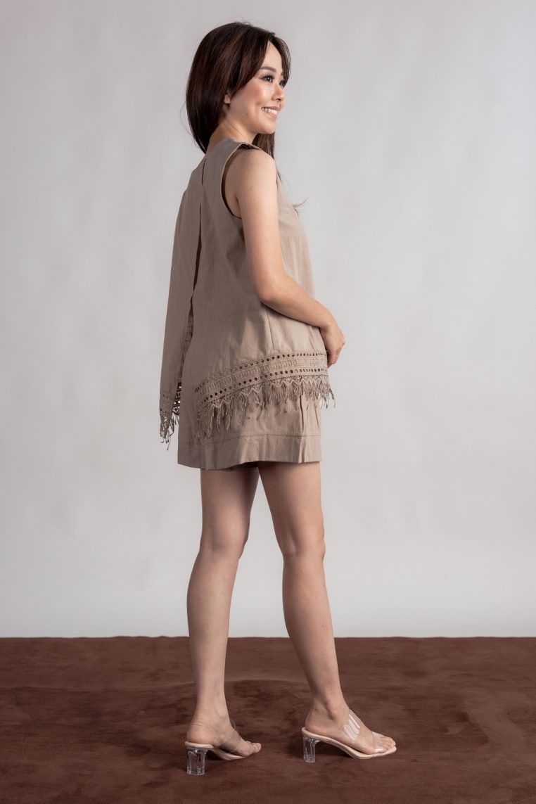 Crochet Trim Cotton Blouse and Shorts Co-ord Set - Khaki - Image 10