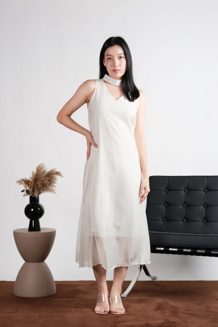 Alternative view of Sleeveless A-Line Midi Dress with Choker Neck - Cream