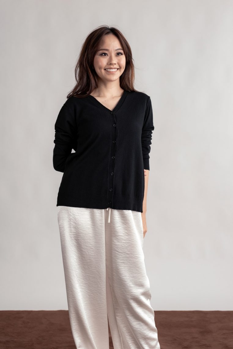 Basic V Neck Cardigan - Black - Image 5
